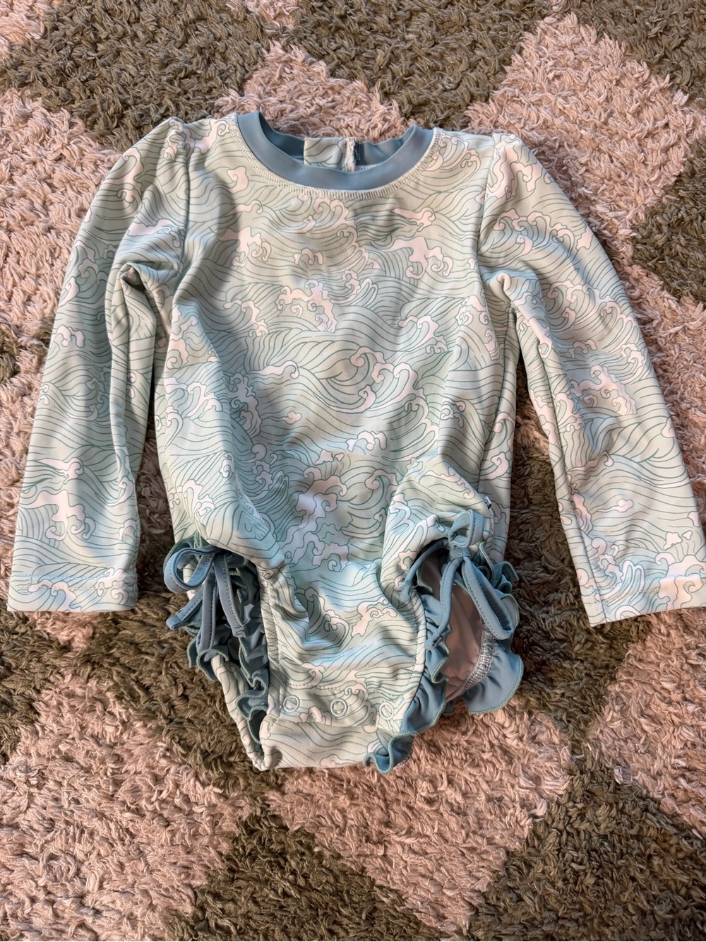 Caden Lane Seafoam and Pale Pink Ruffle One-Piece